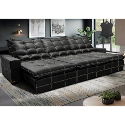 Sofá de Couro Legítimo Retrátil e Reclinável 4,15m Cama inBox Toro SoftGel D40 Preto
