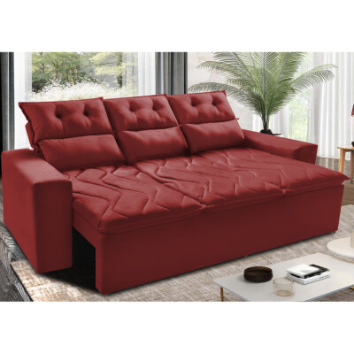 Sofá 3 Lugares Retrátil e Reclinável 2,00m Cama inBox Smal com bordado pantográfico Suede Vermelho