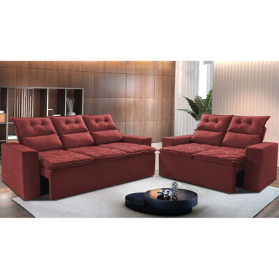 Conjunto de Sofá 3 e 2 Lugares Retrátil e Reclinável 2,00x1,50m Cama inBox Smal Suede Vermelho