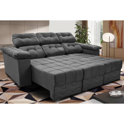 Sofa Itália 2,80 Mts Retrátil e Reclinavel Tecido Suede Cinza - Cama InBox