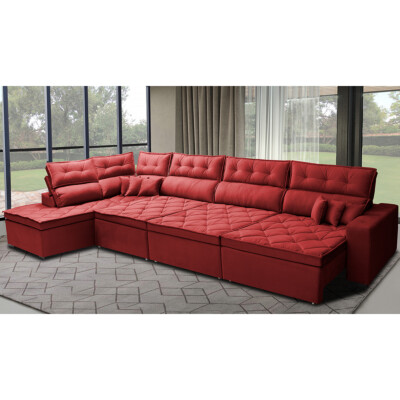 Sofá de Canto 4,80x2,36m Retrátil e Reclinável com Molas Cama inBox Platinum Esquerdo Suede Vermelho