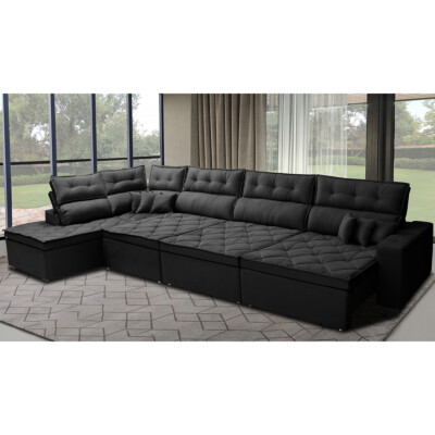 Sofá de Canto 4,80x2,36m Retrátil e Reclinável com Molas Cama inBox Platinum Esquerdo Suede Preto