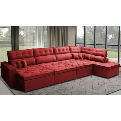 Sofá de Canto 4,80x2,36m Retrátil e Reclinável com Molas Cama inBox Platinum Direito Suede Vermelho