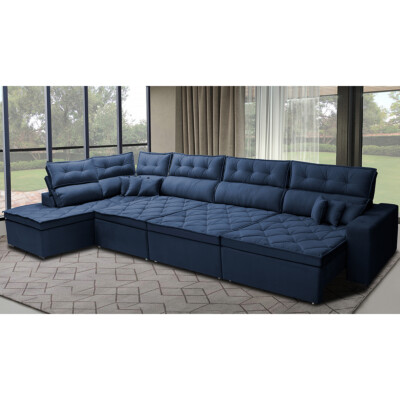 Sofá de Canto 4,80x2,36m Retrátil e Reclinável com Molas Cama inBox Platinum Esquerdo Suede Azul