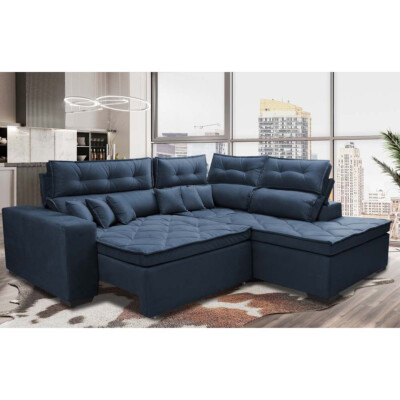 Sofá de Canto 2,60x2,36m Retrátil e Reclinável com Molas Cama inBox Platinum Direito Suede Azul