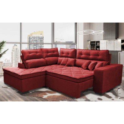 Sofá de Canto 2,60x2,36m Retrátil e Reclinável com Molas Cama inBox Platinum Esquerdo Suede Vermelho