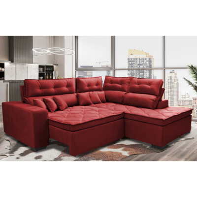 Sofá de Canto 2,60x2,36m Retrátil e Reclinável com Molas Cama inBox Platinum Direito Suede Vermelho