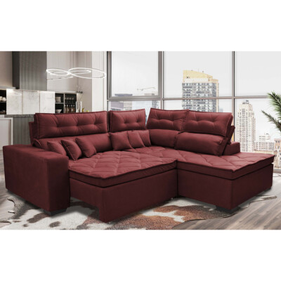 Sofá de Canto 2,60x2,36m Retrátil e Reclinável com Molas Cama inBox Platinum Direito Suede Vinho