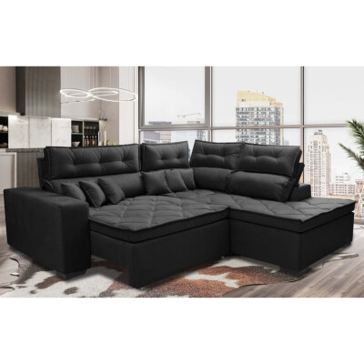 Sofá de Canto 2,60x2,36m Retrátil e Reclinável com Molas Cama inBox Platinum Direito Suede Preto