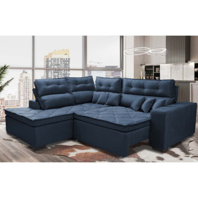 Sofá de Canto 2,60x2,36m Retrátil e Reclinável com Molas Cama inBox Platinum Esquerdo Suede Azul