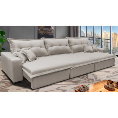 Sofa de Linho Retrátil e Reclinável 4,12m com Molas Ensacadas Cama inBox Prime Bege Claro
