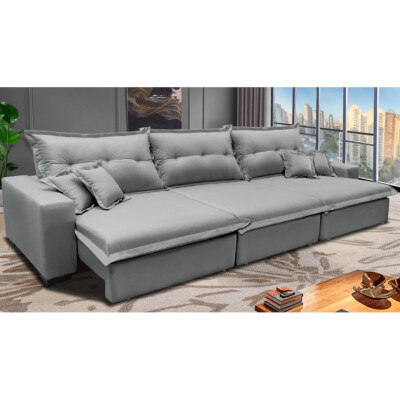 Sofa de Linho Retrátil e Reclinável 4,12m com Molas Ensacadas Cama inBox Prime Cinza Claro