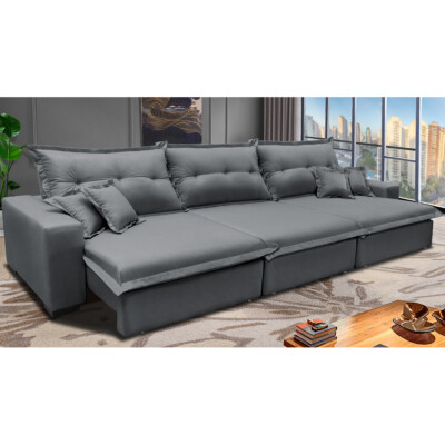 Sofa de Linho Retrátil e Reclinável 3,82m com Molas Ensacadas Cama inBox Prime Cinza Escuro